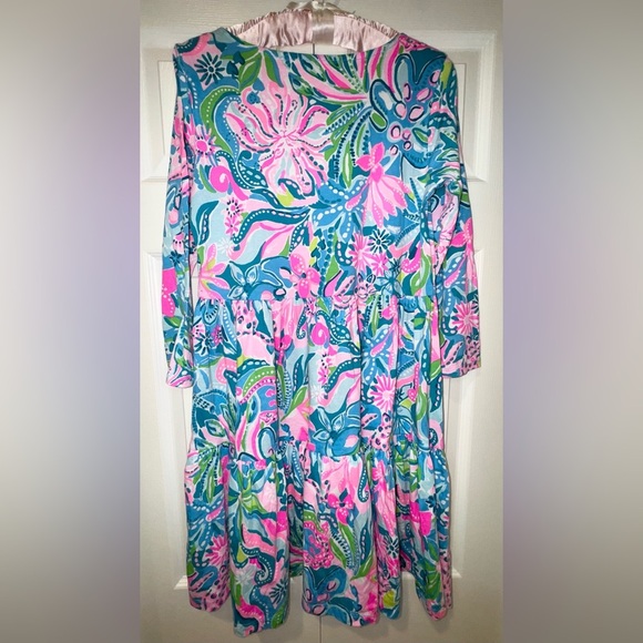 Lilly Pulitzer Geanna Swing Dress Turquoise Oasis Golden Hour Sz small EUC - Picture 2 of 15